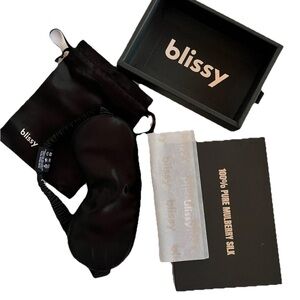 Blissy Black Silk Sleep Mask 100% pure Mulberry silk NIB bag & box great gift